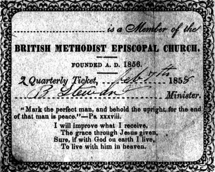 Membership card signed by Rev. B. Stewart in 1858