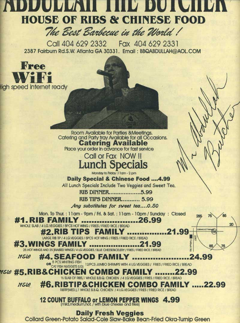 Menu from Abdullah The Butcher's House of Ribs & Chinese Food in Atlanta, Georgia