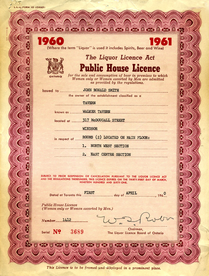 Public House Licence 1960-1961 granted to John Ronald Smith, Owner