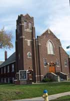 Detail of front doors and stainglass windows of First Baptist Church - Photo courtesy of Nancy Morand, City of Windsor Department of Heritage Planning