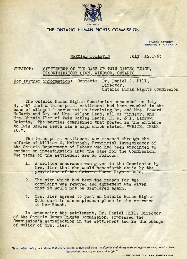 Ontario Human Rights Commission Document July 12, 1963 � Courtesy of the McCurdy Collection the Archives of Ontario