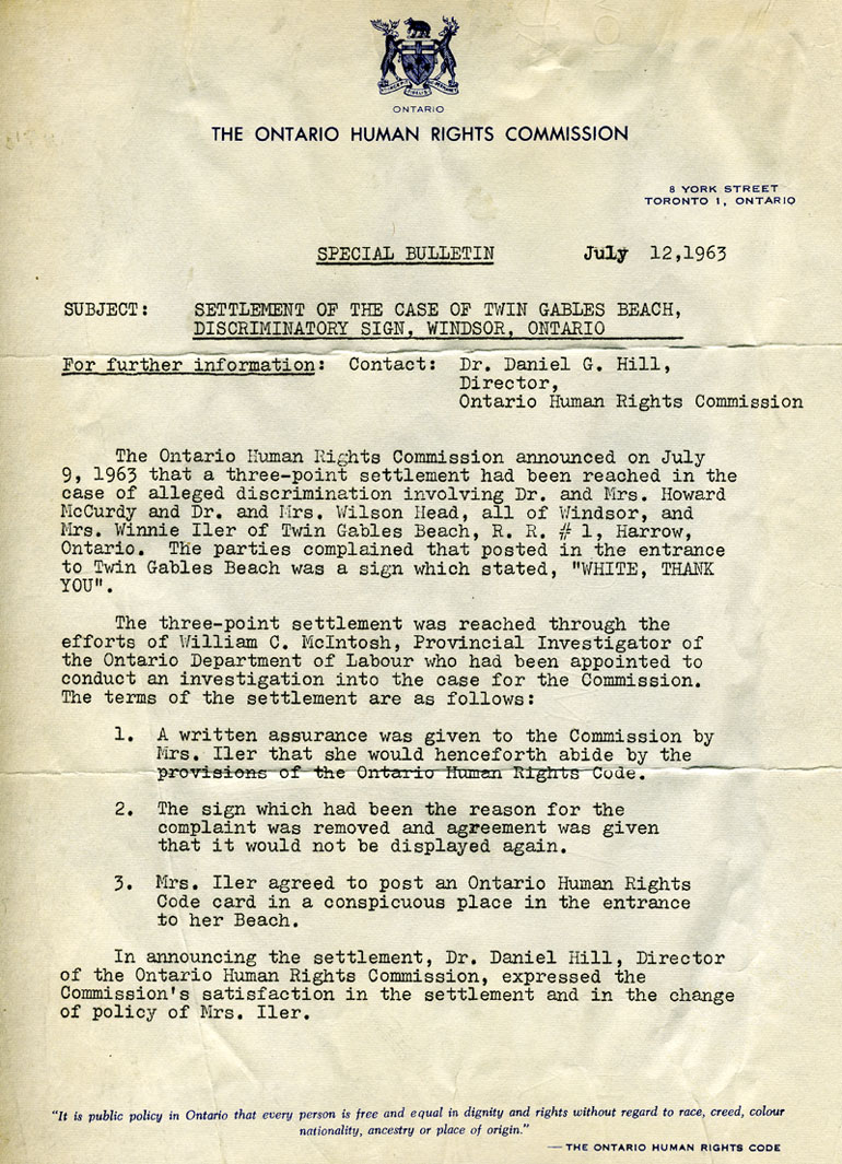 Ontario Human Rights Commission Document July 12, 1963  Courtesy of the McCurdy Collection the Archives of Ontario