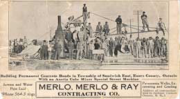 P10679 - Advertisement card for Merlo, Merlo and Ray Contracting Co. Note that 'Ray' is an anglicization of the Italian name 'Re'.  Courtesy of Tom Ray. 