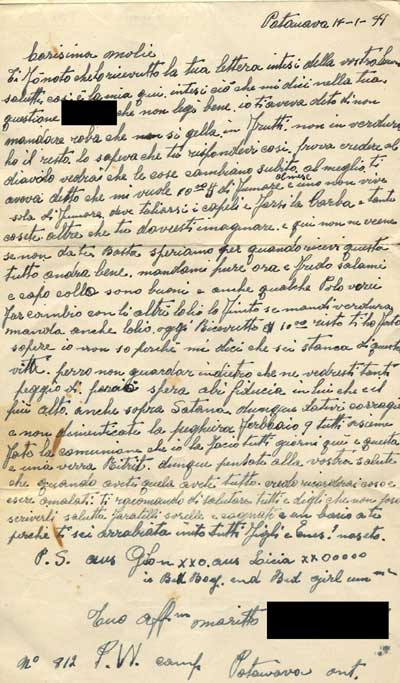 Letter from Italian man from Windsor in internment camp to his wife