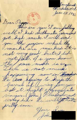 Letter from son to his father in internment camp, World War II. Note the censor stamp